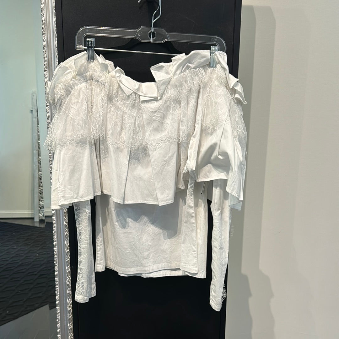 Off the Shoulder Cotton Top with Lace Sleeves and Detail