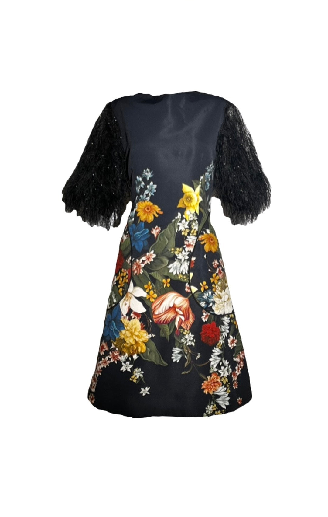 Black Floral Dress with Feather Sleeves