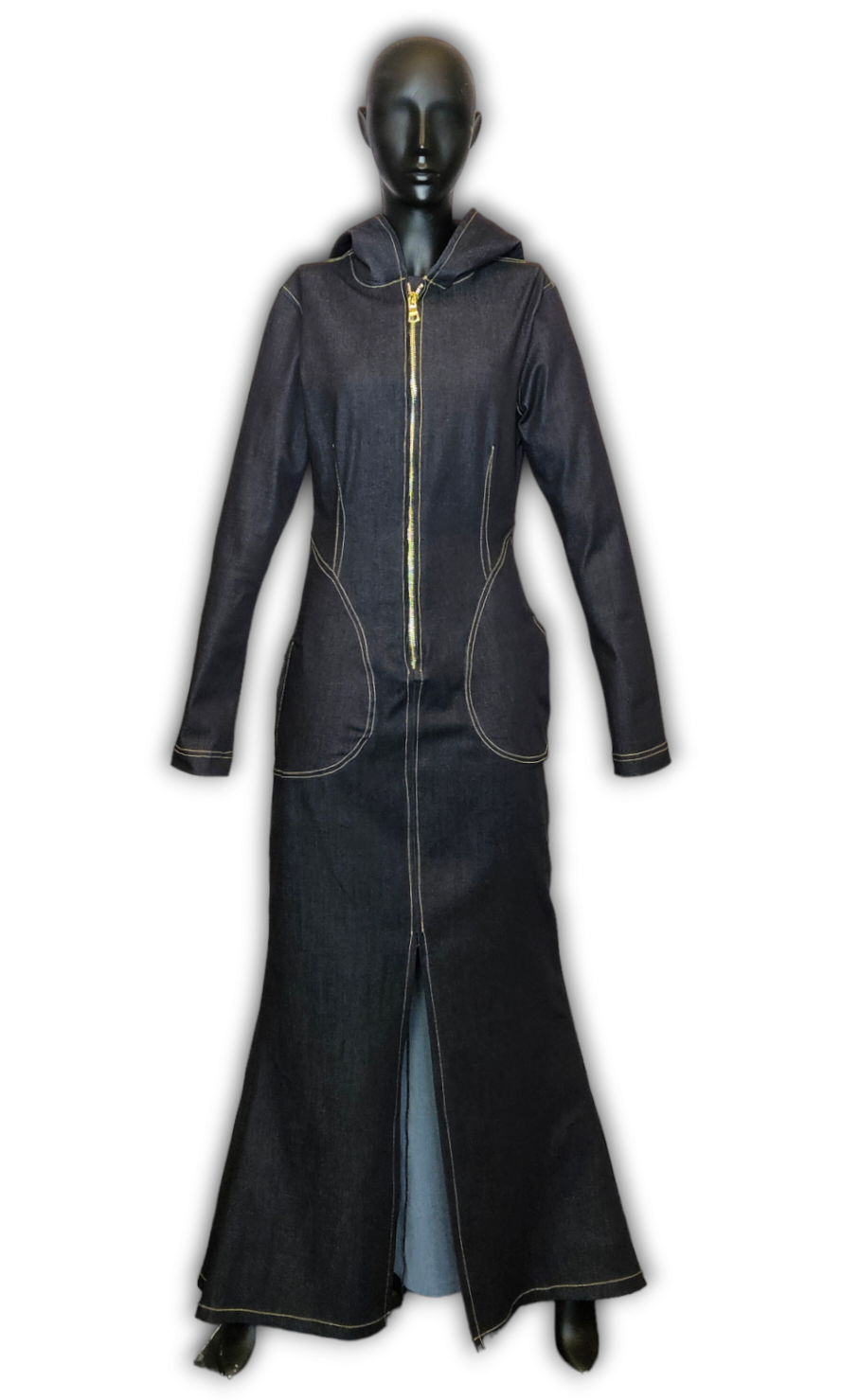 Denim Dress with Hood, and Front Zipper