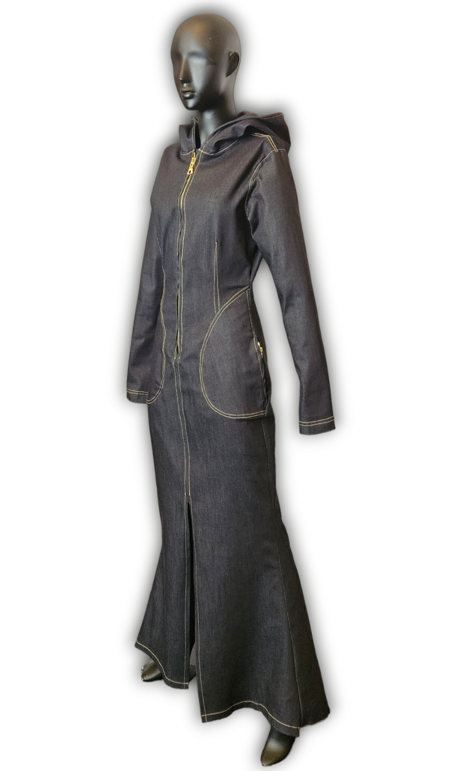 Denim Dress with Hood, and Front Zipper