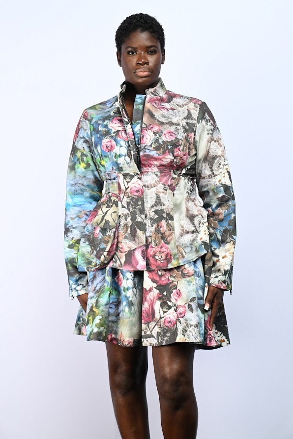 Zip Front Bucket Pocket Floral Jacket