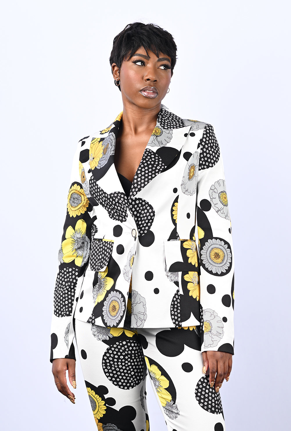 Black, White, & Yellow Printed Suit Jacket