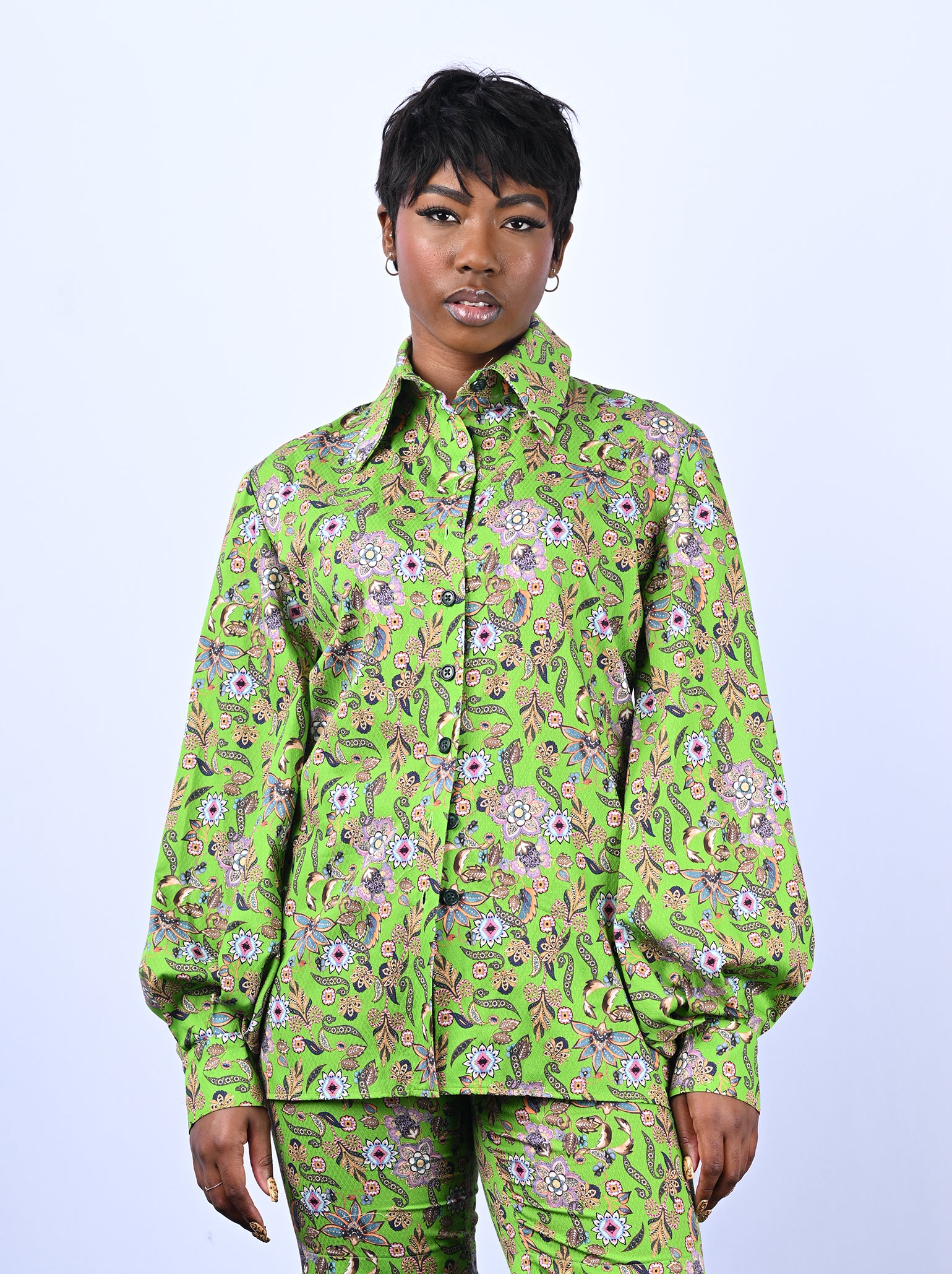 Green Floral Printed Cotton Shirt