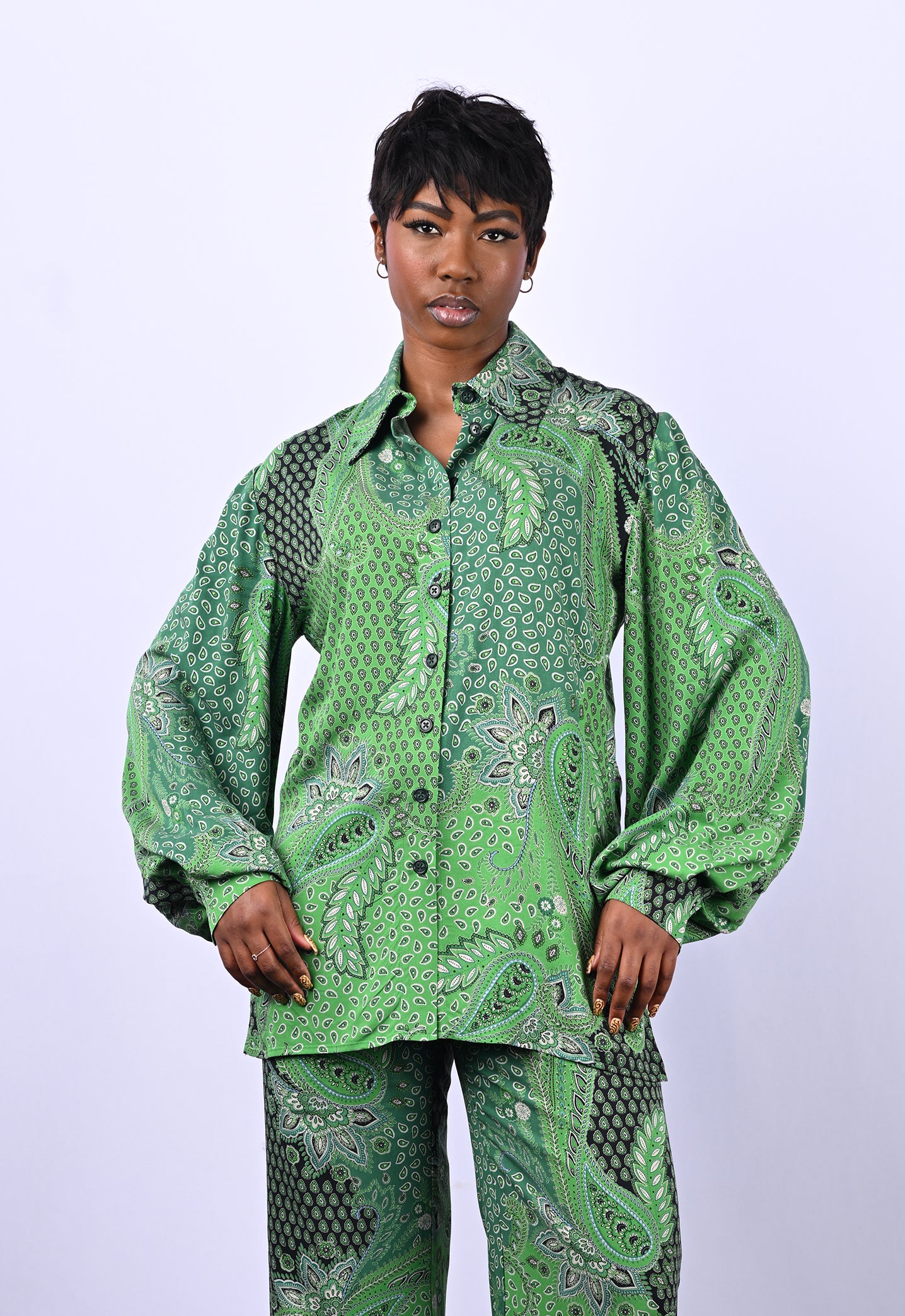 Green Paisley Button Front Shirt