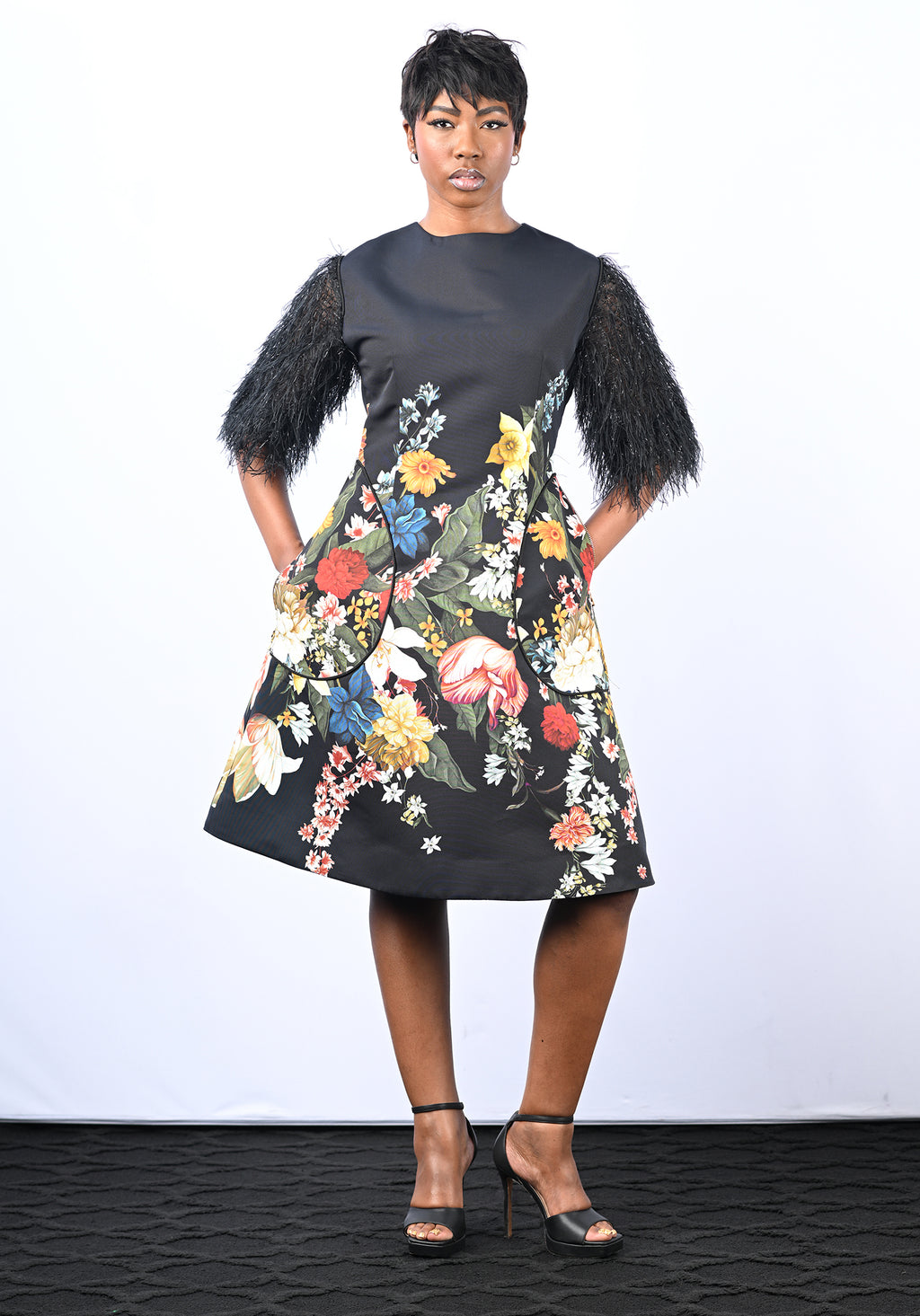 Black Floral Dress with Feather Sleeves