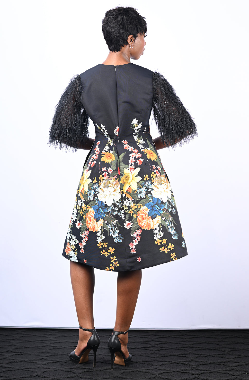 Black Floral Dress with Feather Sleeves
