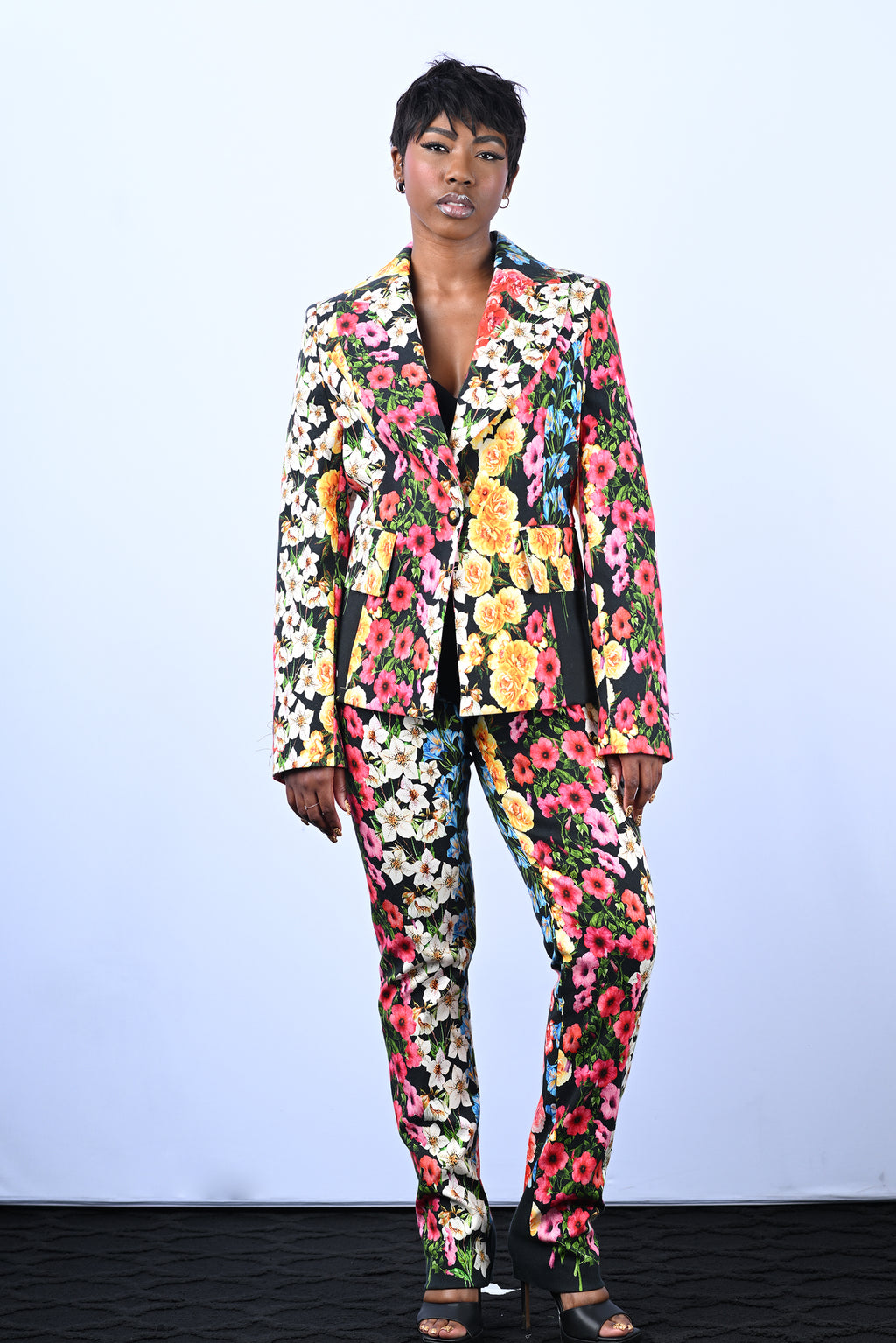 Black Multicolor Floral Suit Pant