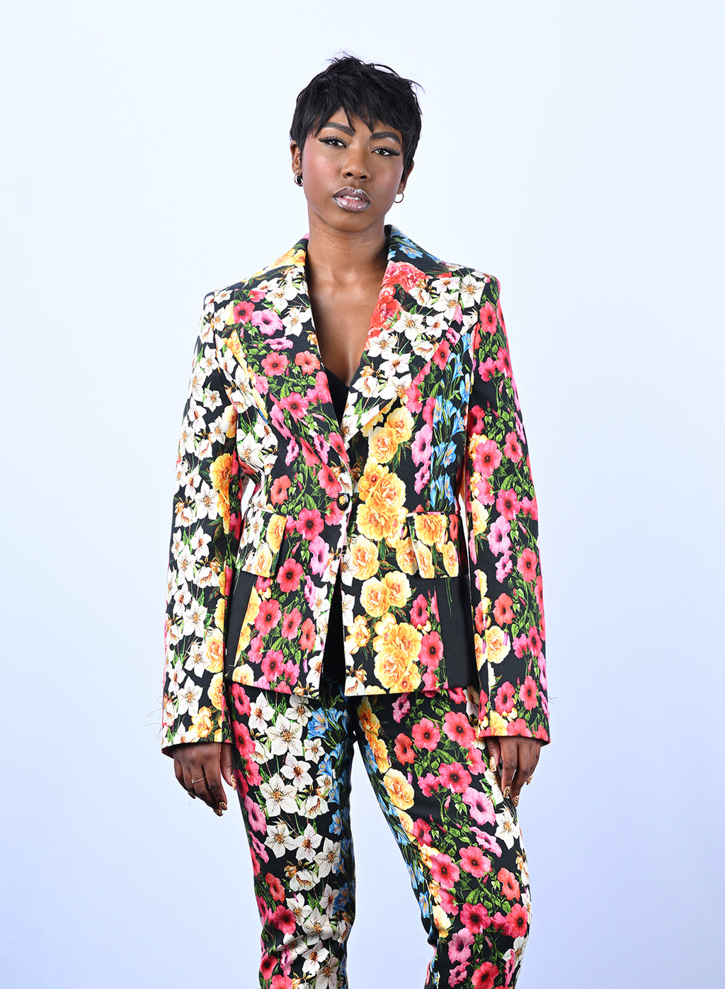 Black Multicolor Floral Suit Jacket