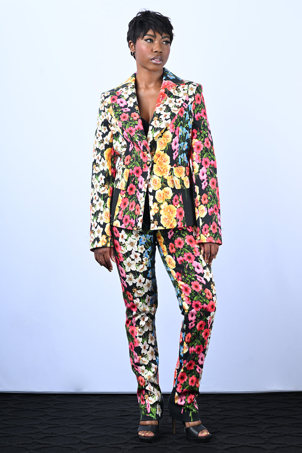 Black Multicolor Floral Suit Jacket