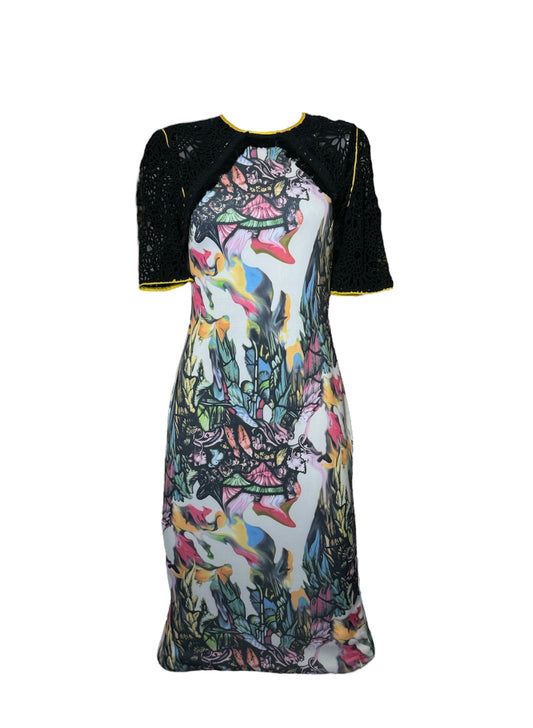 Kaleidoscope Printed Semi Fitted Scuba Dress with Novelty Lace Sleeves