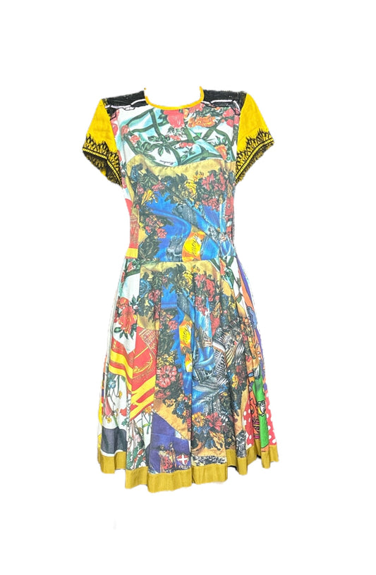 Printed Fit and Flare Dress with Lace Trim Detail