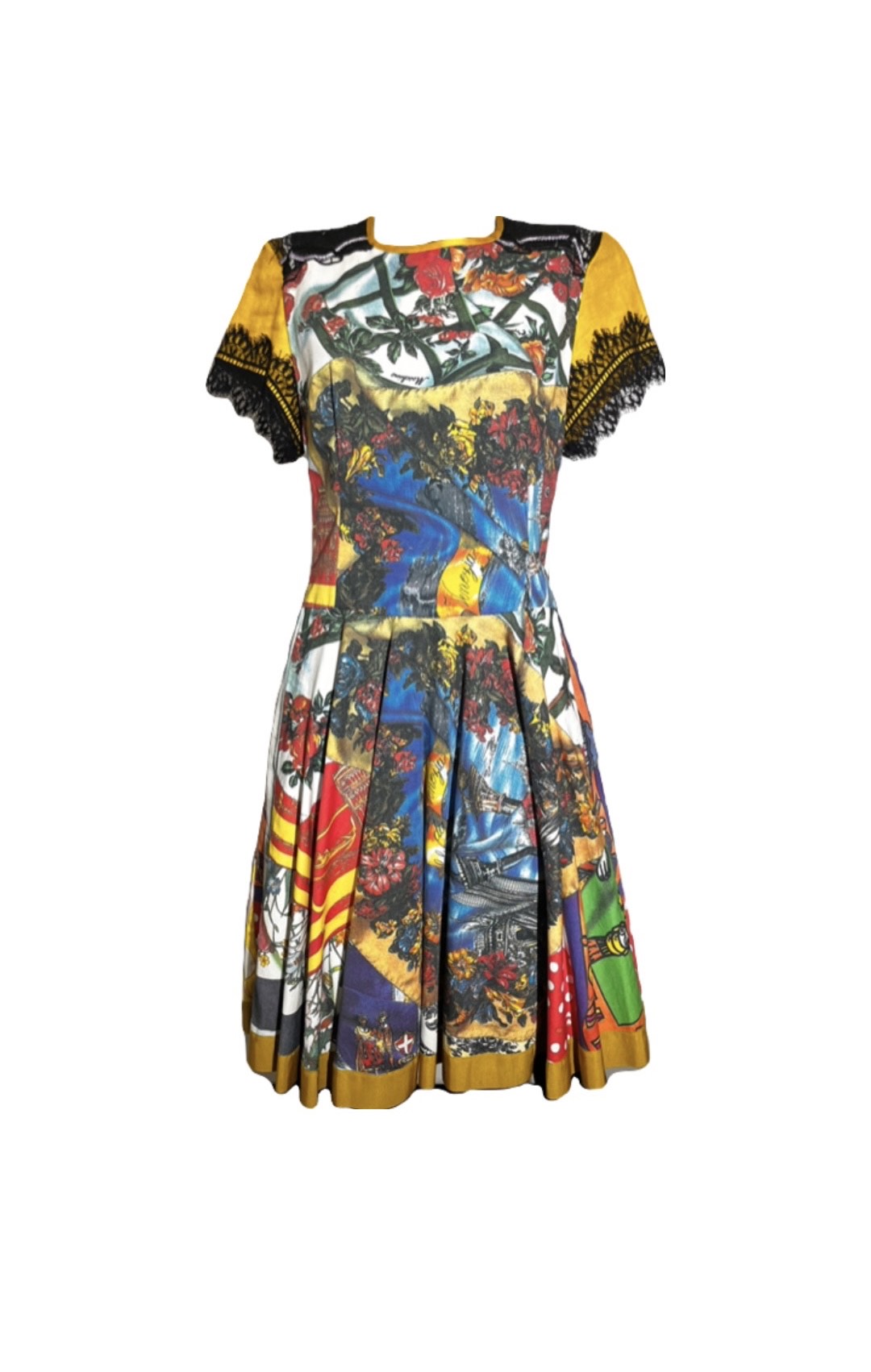 Printed Fit and Flare Dress with Lace Sleeves
