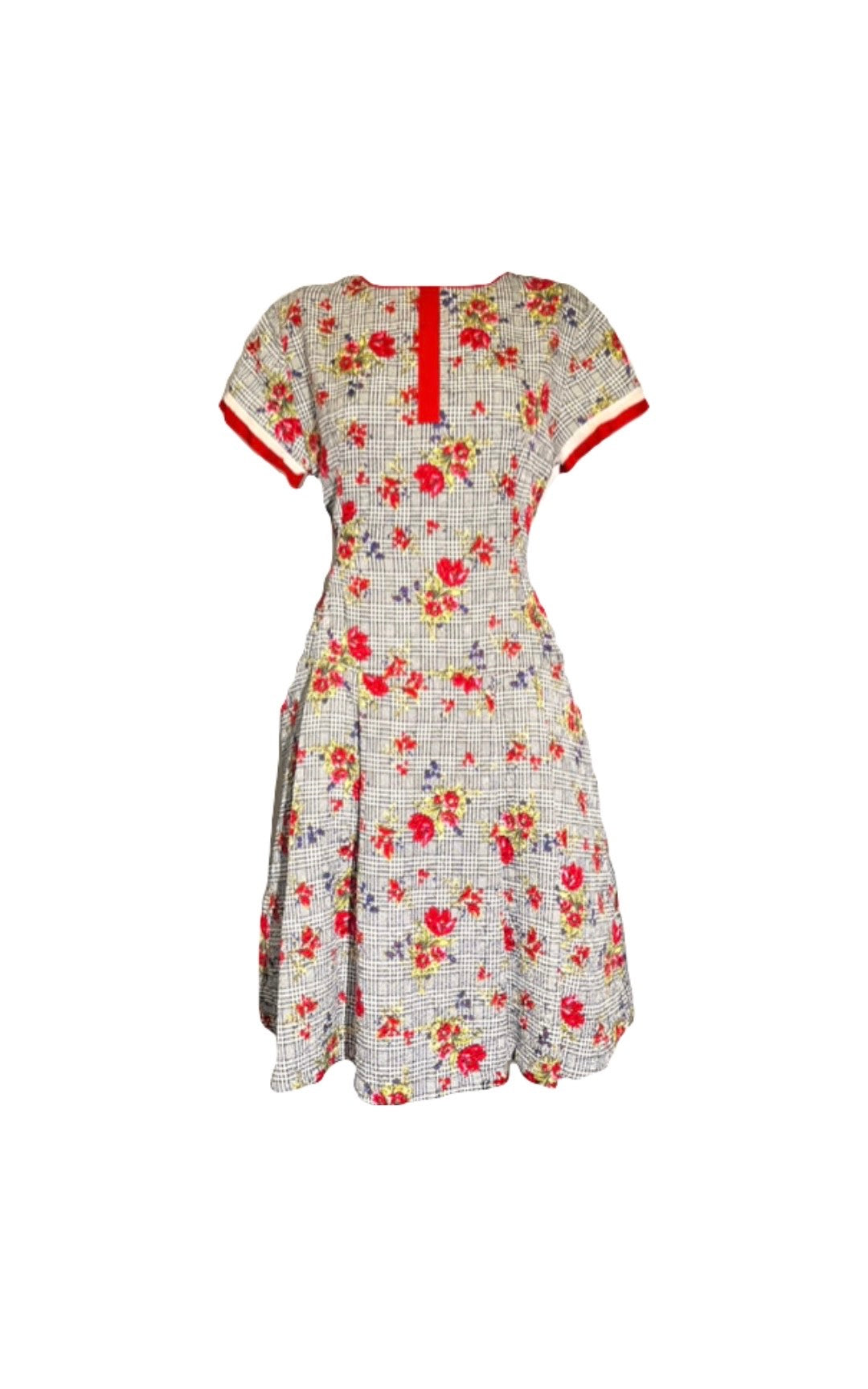 Red Floral Houndstooth Fit and Flare Dress