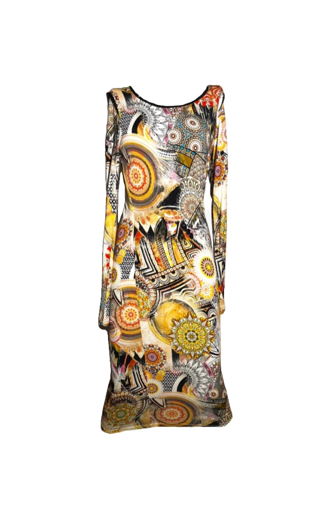 Fitted Long Sleeved Abstract Print Dress