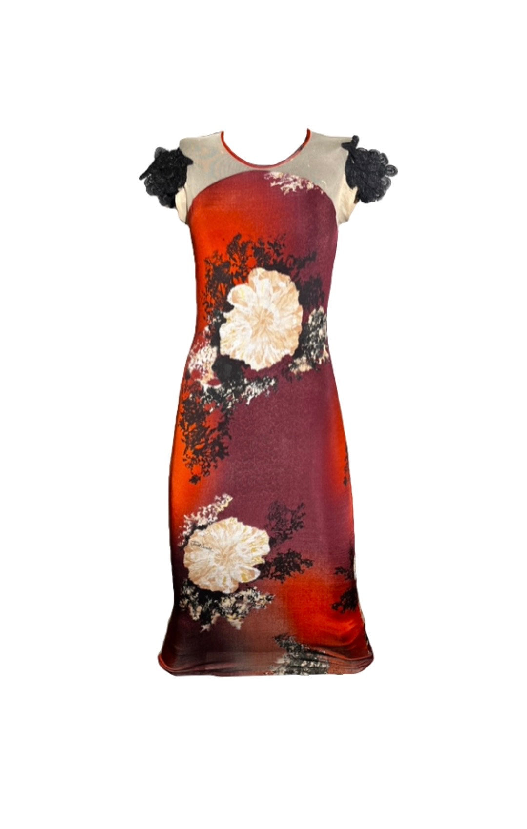 Floral Fitted Dress with Floral Lace Cap Sleeves