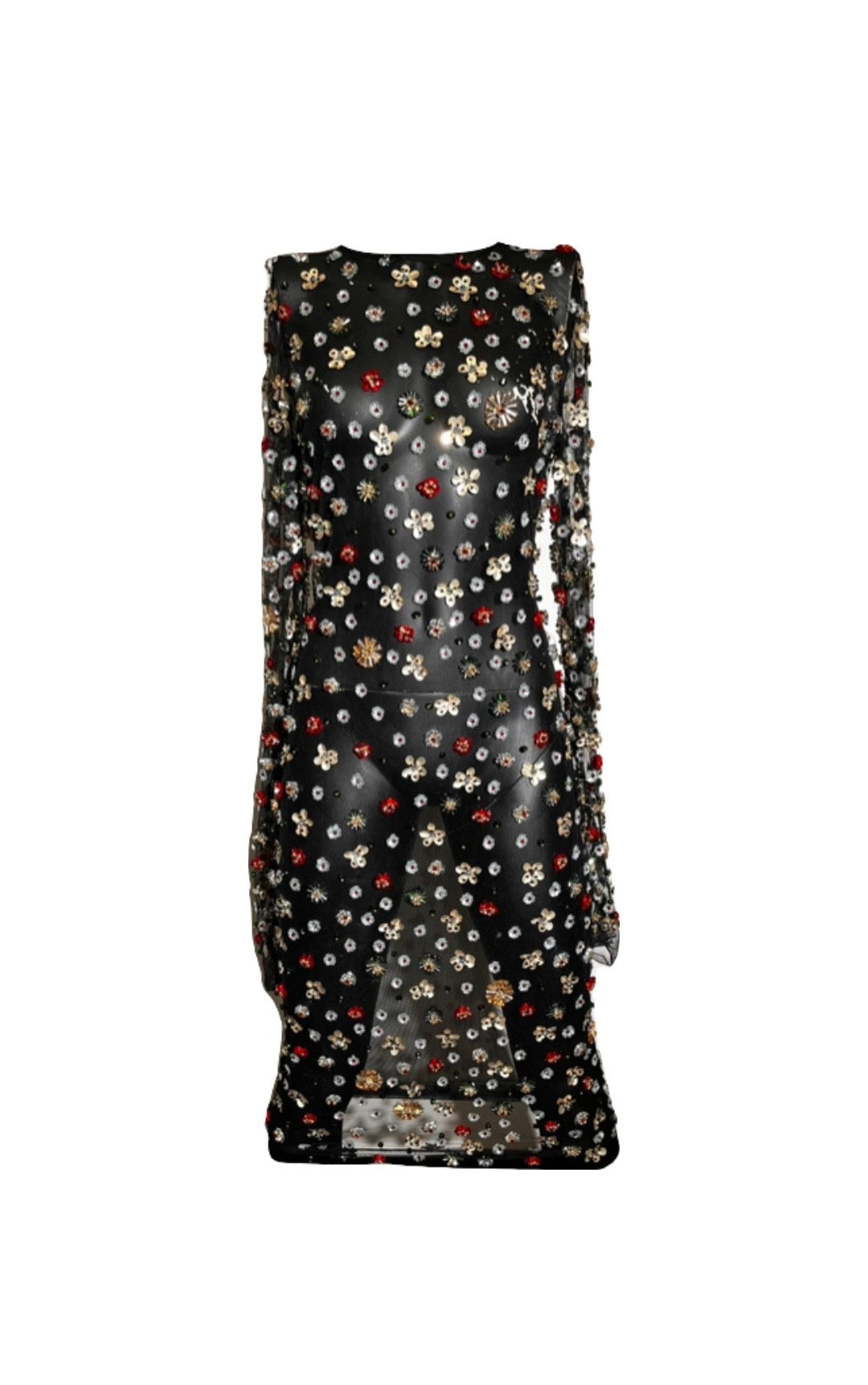 Black Sheer Floral Beaded Fitted Dress