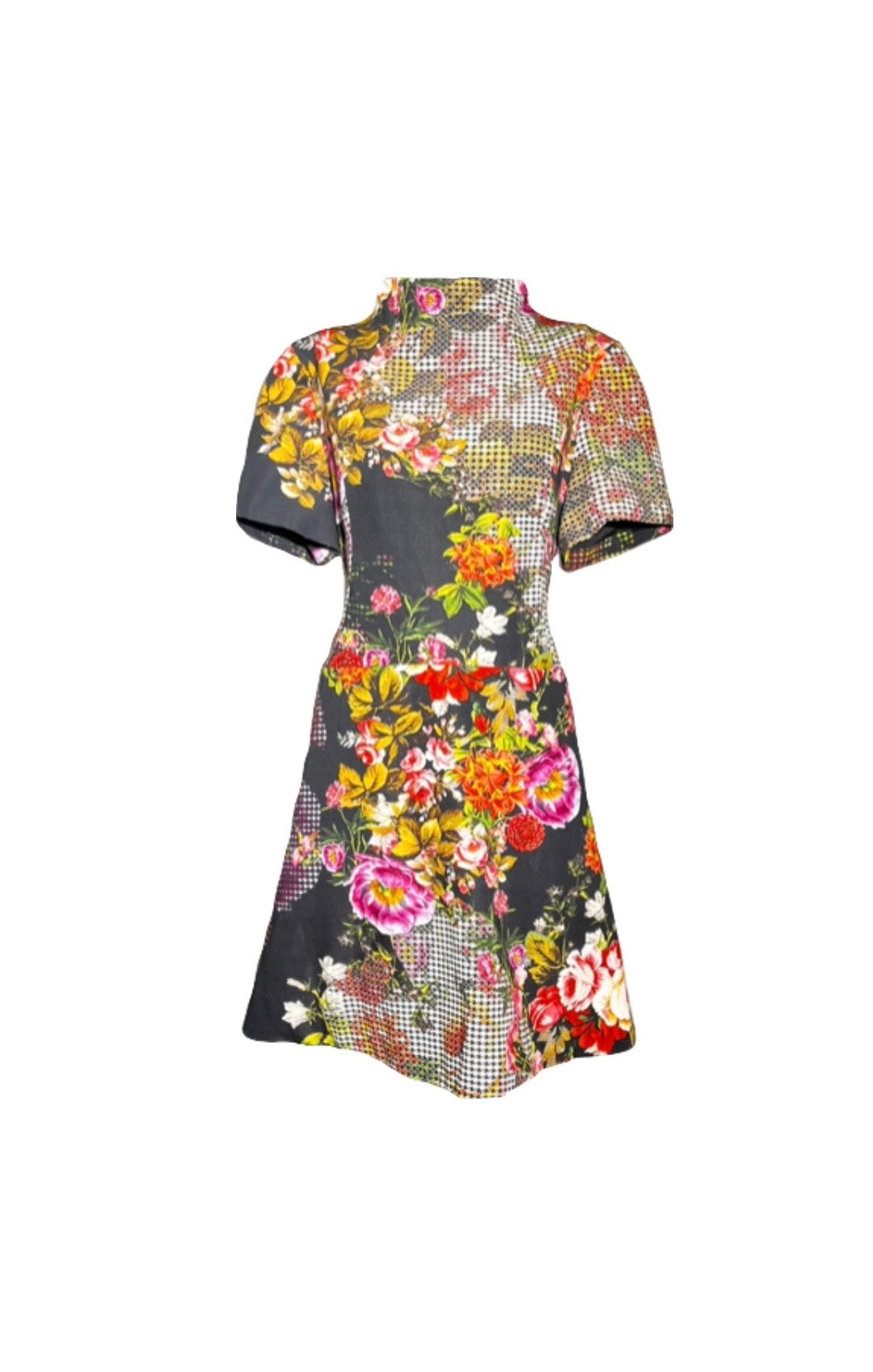 Black Floral Houndtooth Fit and Flare Dress