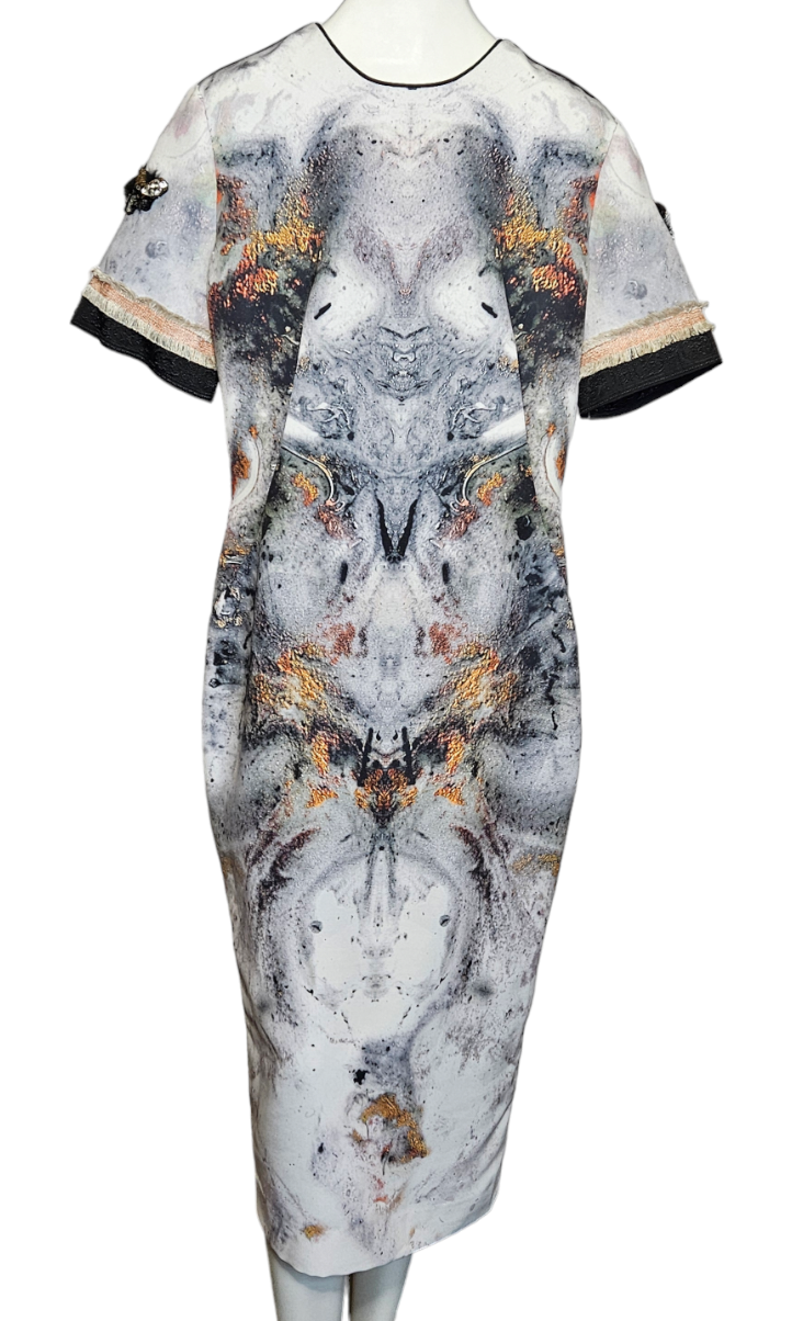 Black and Grey Printed Semi Fitted Dress with Round Neck