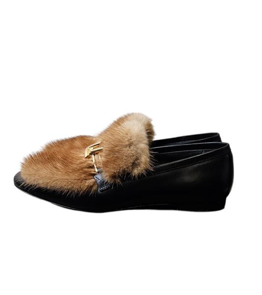 Louis Vutton Fur Loafers with Gold Detail