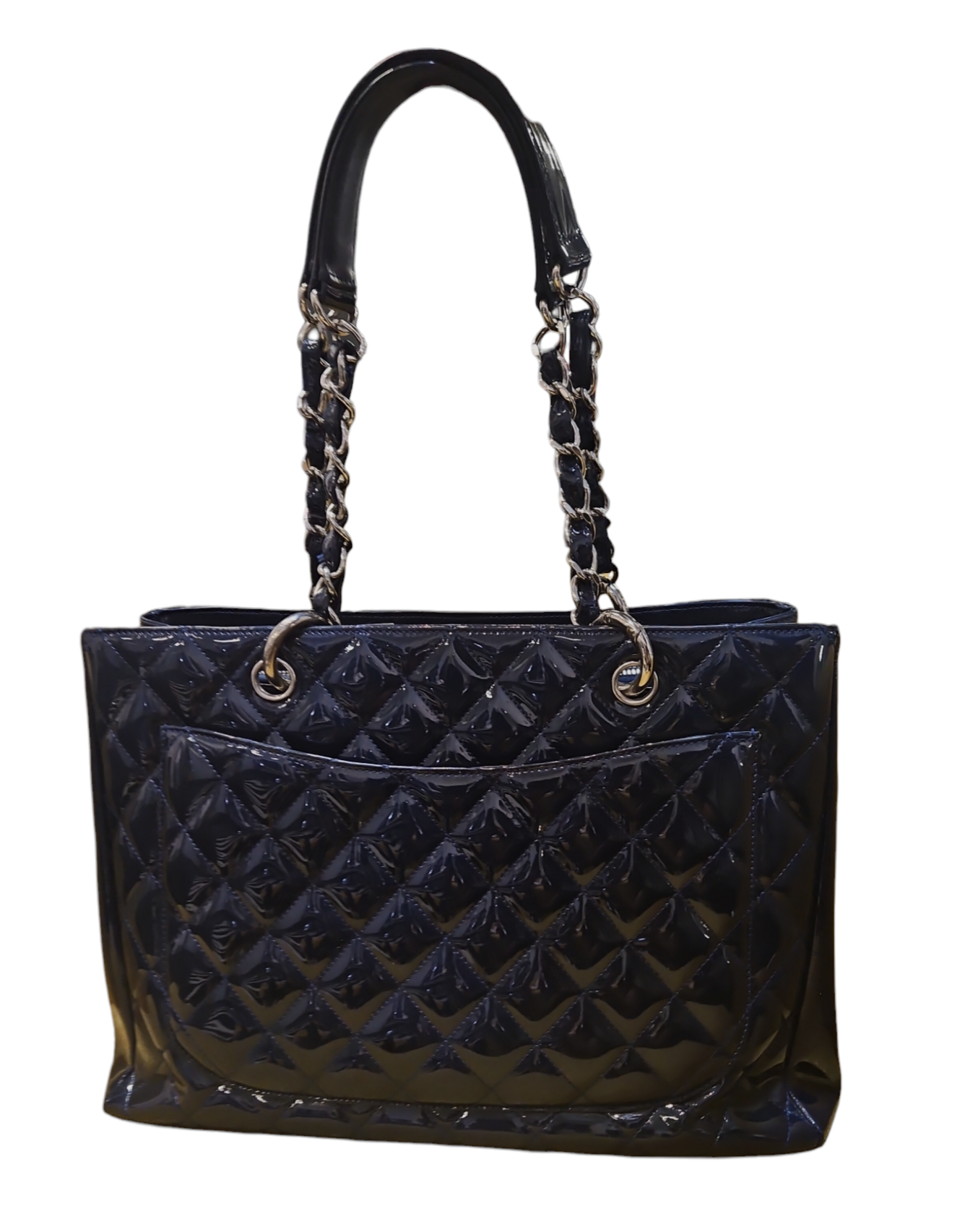 Navy Blue Patent Leather Chanel Shopping Bag