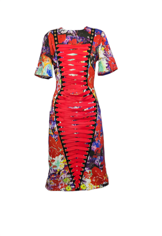 Bodycon Lace-Up Front Multicolor print Dress