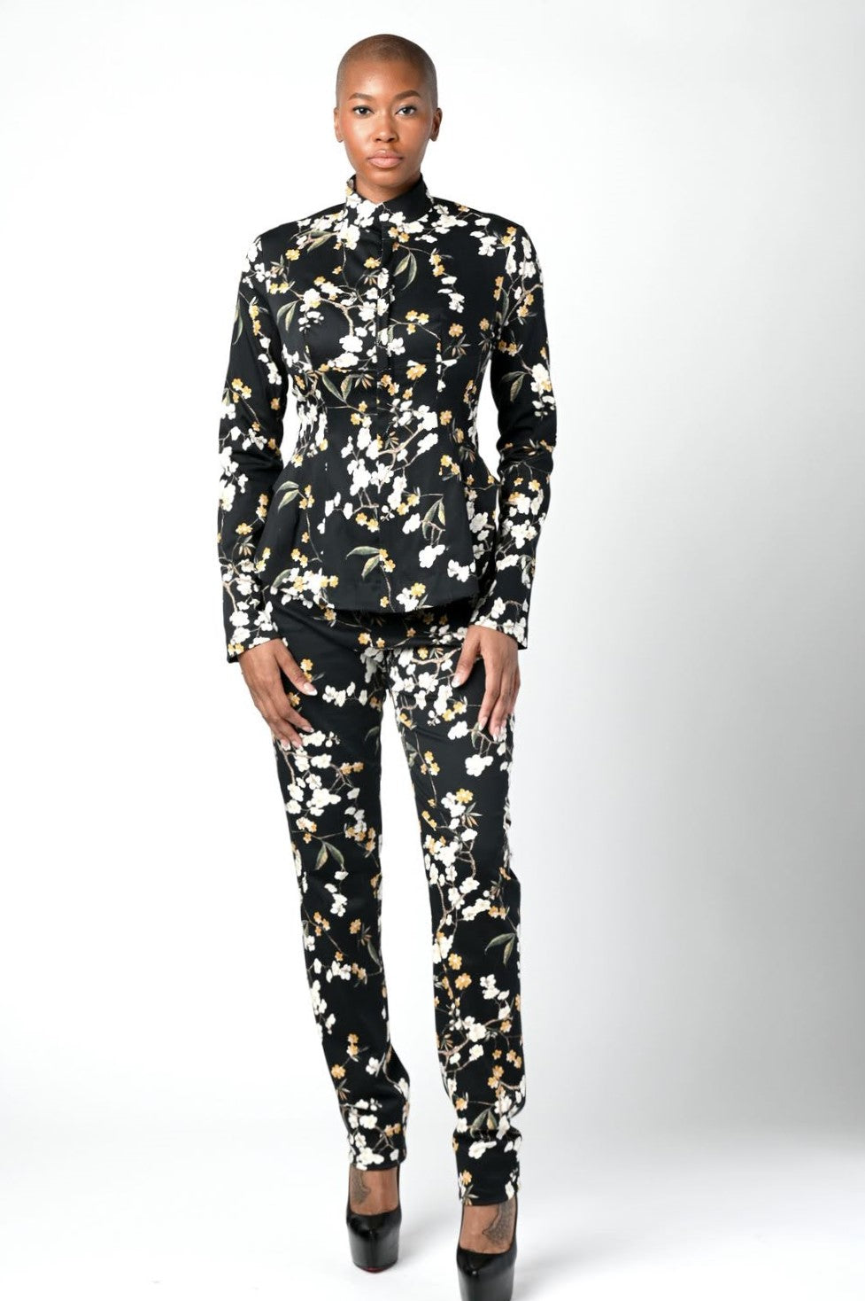 Black Floral Print Zip Front Jacket