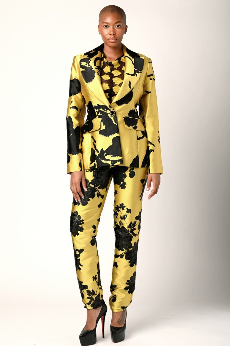 Yellow Gold and Black Floral Printed Jacket