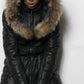 Leather Puffy Jacket with Rabbit Trimmed Hood