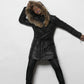 Leather Puffy Jacket with Rabbit Trimmed Hood